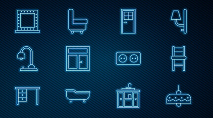 Set line Chandelier, Chair, Closed door, Window in the room, Table lamp, Makeup mirror with lights, Electrical outlet and Armchair icon. Vector