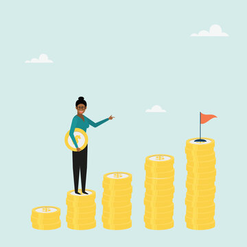 Girl carrying a money coin begins to step on a complex money stack. Start investing in the stock market, start saving to achieve your financial goal. Vector.
