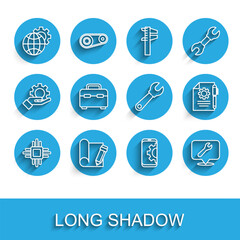 Set line Processor with microcircuits CPU, Graphing paper and pencil, Globe of the Earth gear, Setting on smartphone, Location wrench spanner, Toolbox, Document settings and Wrench icon. Vector