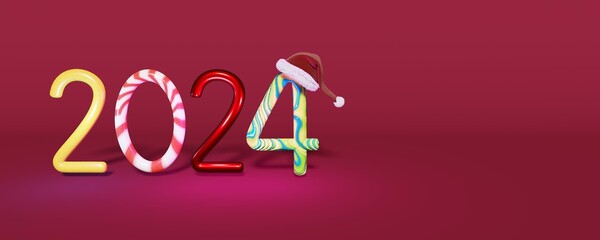 Colorful happy new year 2024 3D rendering with Santacruz hat in clear background.  