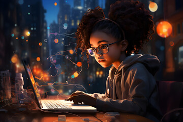Little black girl sits at a computer and works with a neural network. The concept of artificial intelligence and modern technologies. - obrazy, fototapety, plakaty