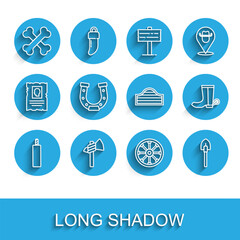 Set line Dynamite bomb, Tomahawk axe, Crossed human bones, Old wooden wheel, Shovel, Horseshoe, Cowboy boot and Saloon door icon. Vector