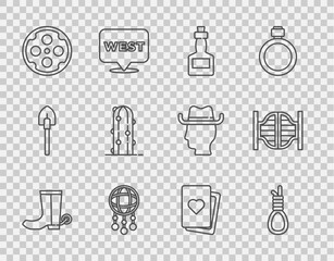 Set line Cowboy boot, Gallows rope loop hanging, Tabasco sauce, Dream catcher with feathers, Revolver cylinder, Cactus, Deck of playing cards and Saloon door icon. Vector