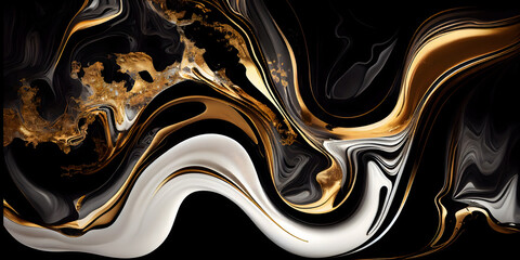 Monocolor alcohol ink marbling raster background. Liquid waves and stains. Black and gold abstract fluid art. Acrylic and oil paint flow monochrome contemporary backdrop, black marble . generative ai.