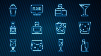 Set line Wine bottle with glass, Glass of rum, Whiskey and, Cocktail shaker, whiskey and Alcohol bar location icon. Vector