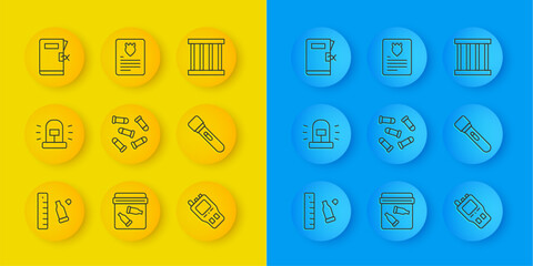 Set line Bullet casing with ruler, Flasher siren, Walkie talkie, Flashlight, Police station folder, Prison window and The arrest warrant icon. Vector