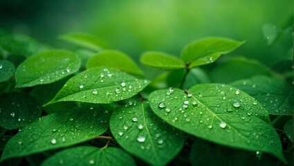 Green leaves with water drops