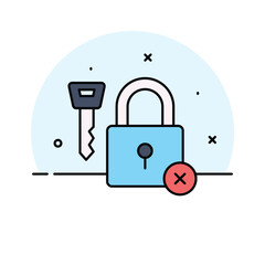 Padlock with key and cross sign, concept icon of broken security