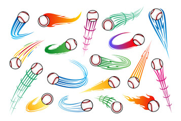 Vector colorful flying baseball balls with motion trails