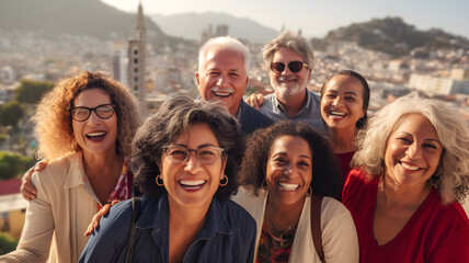 Happy multiracial senior friends taking selfie picture with city on background - Travel and elderly community lifestyle concept