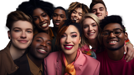 Diverse trendy group of friends having fun together on transparent background - Diversity and multiracial lgbt community people smiling
