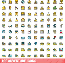 100 adventure icons set. Color line set of adventure vector icons thin line color flat on white
