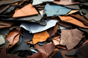 Close-up view of discarded synthetic leather fragments used in the recycling sector. Generative AI - obrazy, fototapety, plakaty