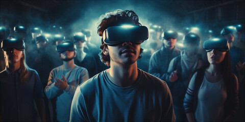 geeky guy in virtual reality glasses with a group