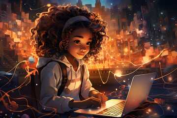 Little black girl sits at a computer and works with a neural network. The concept of artificial intelligence and modern technologies.  - obrazy, fototapety, plakaty