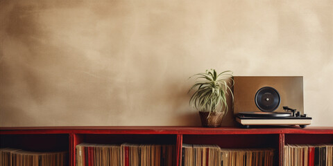 record player on a shelf flanked by old records