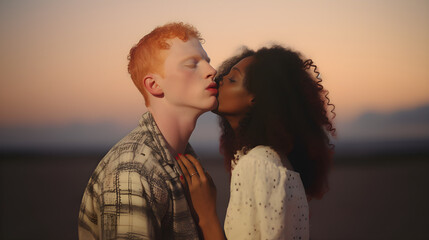 Multi-ethnic couple in love while kissing on the beach during a sunset. Love, honeymoon, heterosexual couple. Albino blond man and african american woman
