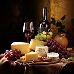 Elegant image of wine, cheese, fruit and nuts. Great for stories on wine, luxury, indulgence, gastronomy, travel, food blogs, country living and more. 