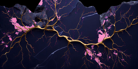 Navy blue marble with pink details and golden veins. generative ai.