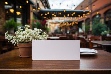 Blank white card with flowerpot on wooden table in coffee shop