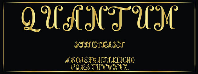 QUANTUM, GOLDEN GRADIENT Sports minimal tech font letter set. Luxury vector typeface for company. Modern gaming fonts logo design