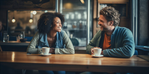 man and woman are seen having a coffee together