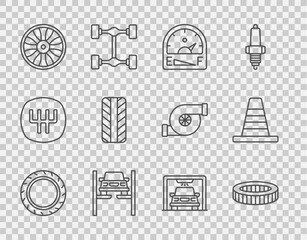 Set line Car tire wheel, air filter, Motor gas gauge, Repair car on lift, Alloy for, wash and Traffic cone icon. Vector