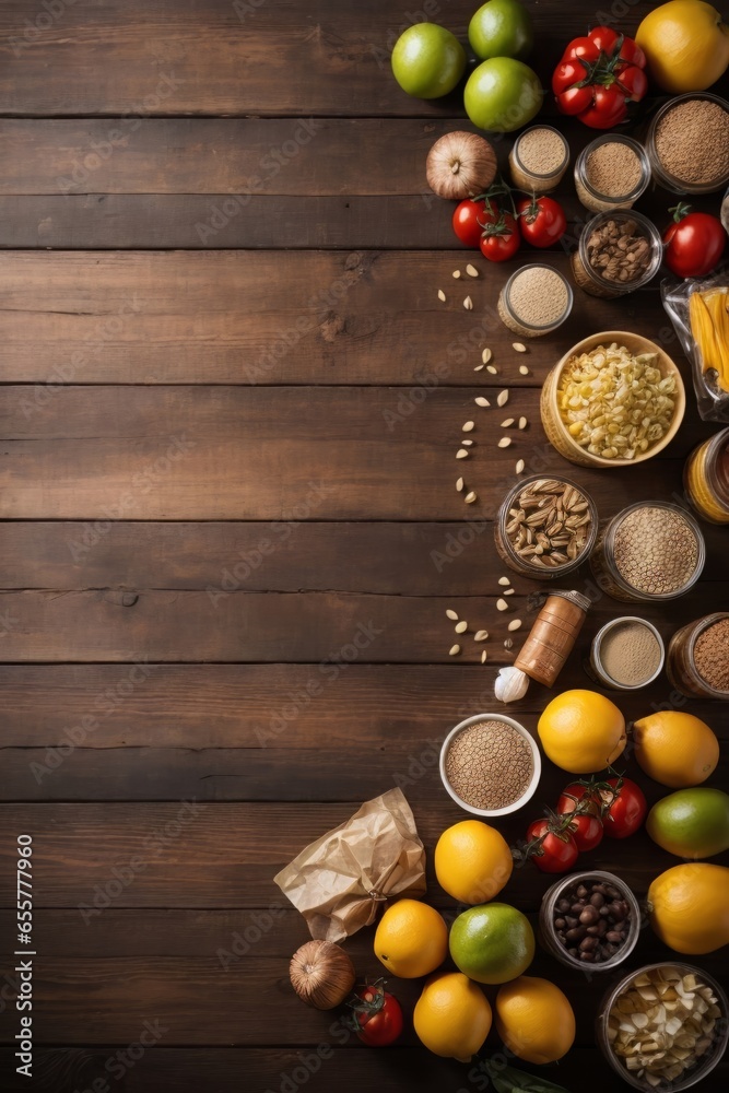 Wall mural A variety of food displayed on a wooden table