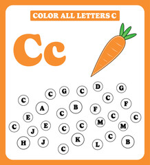 Learning alphabet. Color the all letter C. Educational worksheet design for preschool, kindergarten or elementary students.