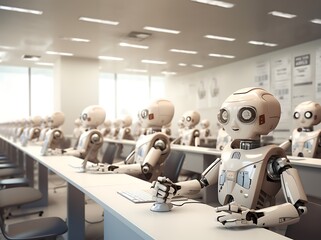3d rendering robot working in the office with many human figures around