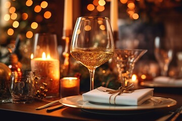 Beautiful table setting with Christmas decorations in living room