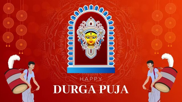 Durga puja motion graphics- goddess durga face and dhakis playing the dhak(drum).  Enjoy the essence of bengali festival/carnival.