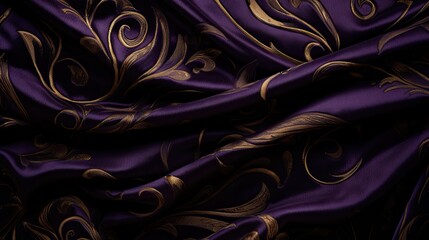 Swirling patterns of deep purple and gold capturing a vibrant gold texture and golden elements on a silk material.  - obrazy, fototapety, plakaty