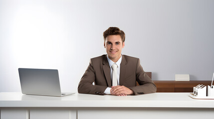 Portrait of smiling confident businessman, employee worker or financial specialist wearing suit sitting at the table in modern office, successful executive leader ceo looking at camera