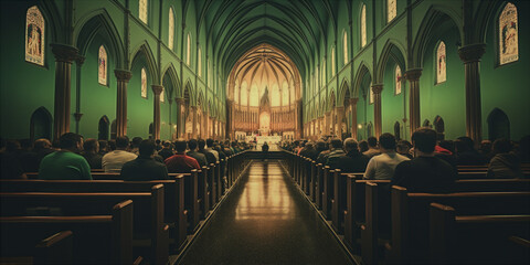 church with people attending a St. Patrick - obrazy, fototapety, plakaty