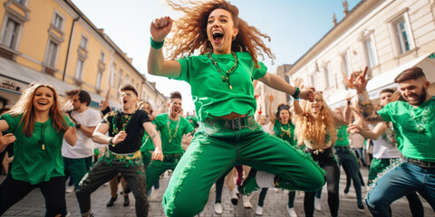 group of young people perform St. Patrick day - obrazy, fototapety, plakaty