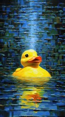 A yellow duck, modern artwork, abstract colorful painting with geometric shapes. Hand drawn digital painting. 