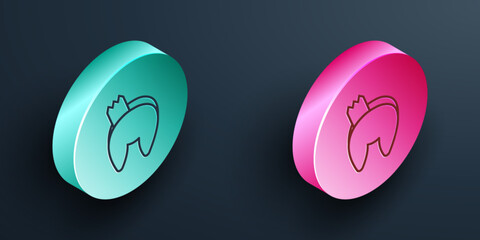 Isometric line Chinese fortune cookie icon isolated on black background. Asian traditional. Turquoise and pink circle button. Vector