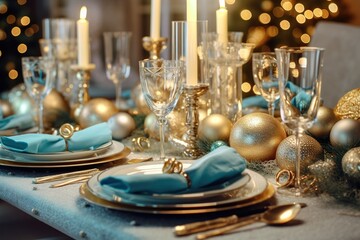 Beautiful table setting with Christmas decorations in living room