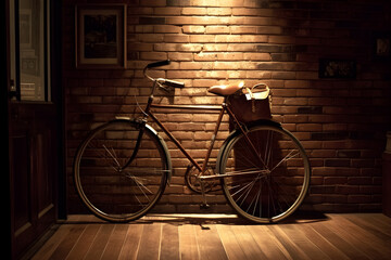 Bicycle in dark room with brick wall and window with sunlight. Cycling concept. Sport concept, World Bicycle Day, Outdoor Weekend lifestyle concept