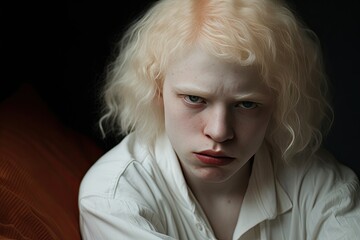 Portrait of serious albino teen looking at camera. Photo-realistic lifelike portrait.