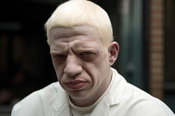 Portrait of adult albino man looking at camera. Lifelike portrait.