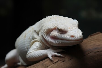 Albino reptile on tree log. Photo-realistic 3d art.