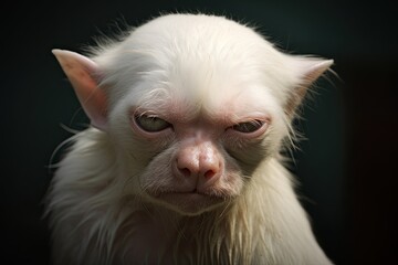 Albino cat monkey hybrid creature portrait. Lifelike photo-realistic illustration.