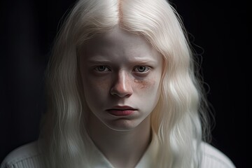 Albino teenager portrait with long hair and serious expression. Close up. Photo-realistic lifelike portrait of fictional person.