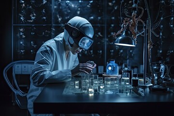 Scientist working on lab desk. Futuristic art.
