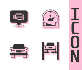 Set Repair car on lift, Check engine, Car and Motor gas gauge icon. Vector