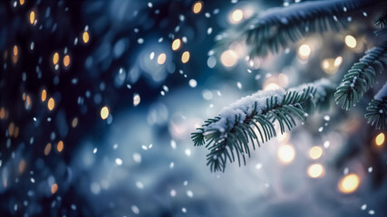 Sfondo natalizio con neve e aghi di pino VIII - obrazy, fototapety, plakaty