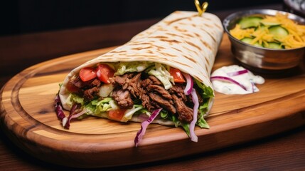 Delicious shawarma served on wooden board on table in cafe