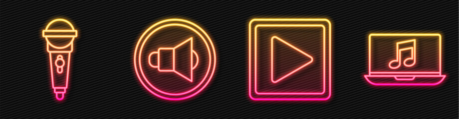 Set line Play in square, Microphone, Speaker volume and Laptop with music note. Glowing neon icon. Vector